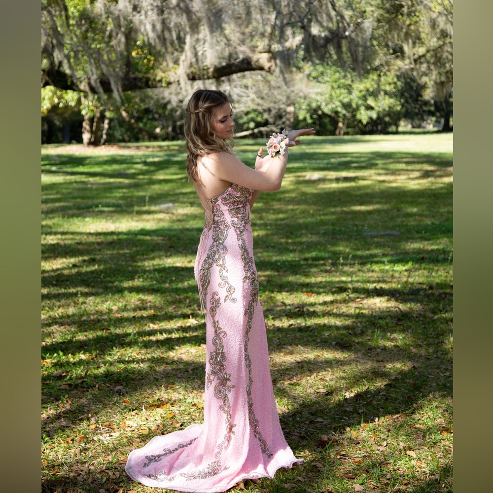 size 0, prima from ash and ts, pink and gold.